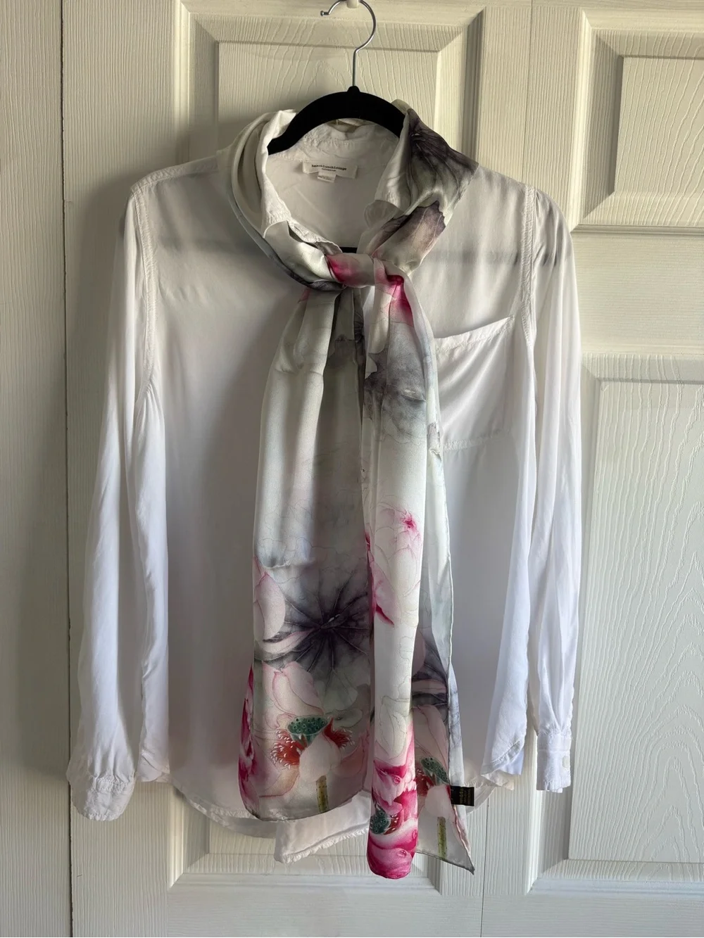 Hand‎ Painted White Silk Scarf Watercolor Pink Lotus Flower Floral Career Preppy